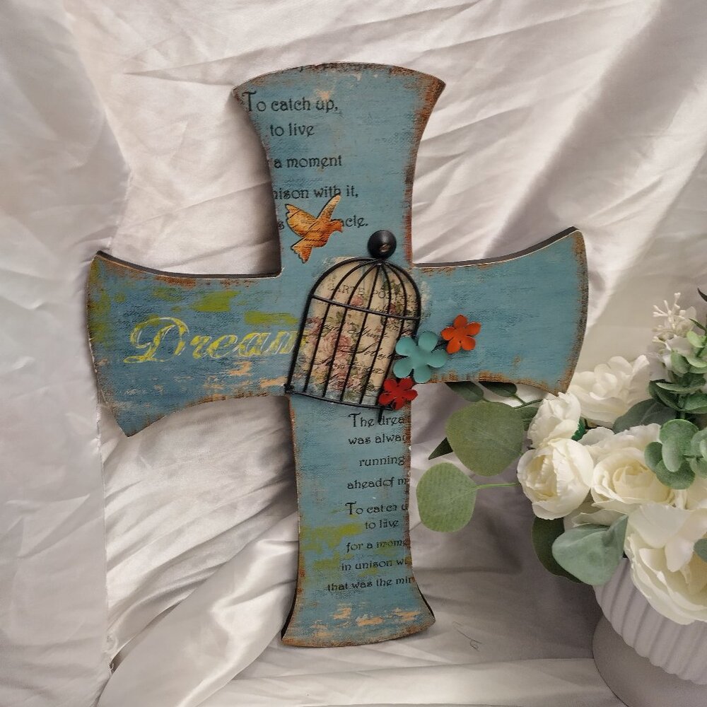 * H & H Designs, Christian Cross Blue Made of Wood Teal Turquoise Wire Bird Cage